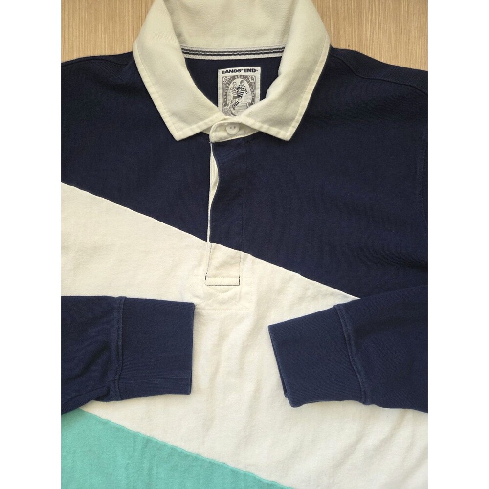 Lands End Rugby Shirt Mens M Diagonal Colorblock Cotton Long Sleeve Polo